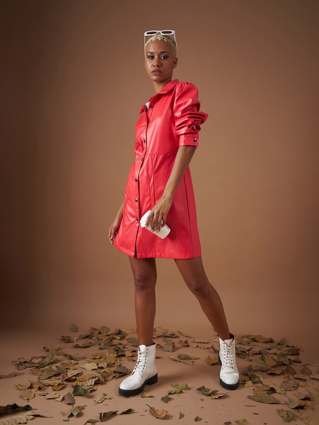 SASSAFRAS Red Shirt Collar Puff Sleeves Shirt Dress