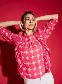 SASSAFRAS Pink Geometric Printed Ruffles Detailed Regular Top