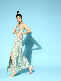 Berrylush Women Gorgeous Green Printed Top with Skirt