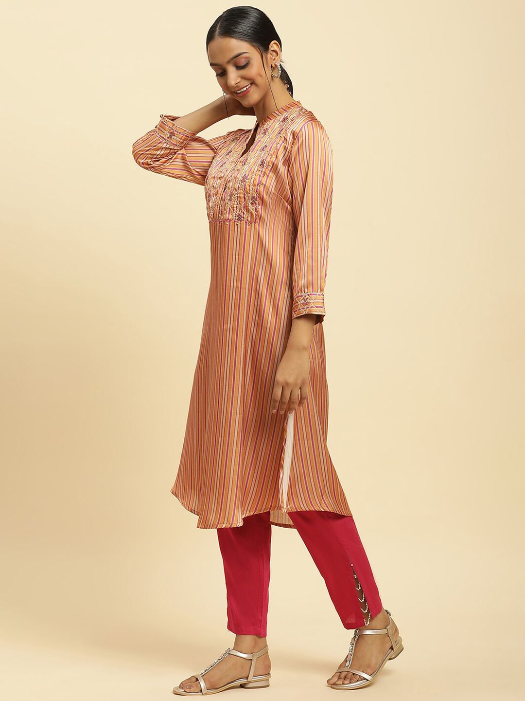 W Striped Sequinned Straight Kurta