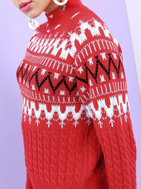 Tokyo Talkies Women Red & White Fair Isle Jacquard Pullover