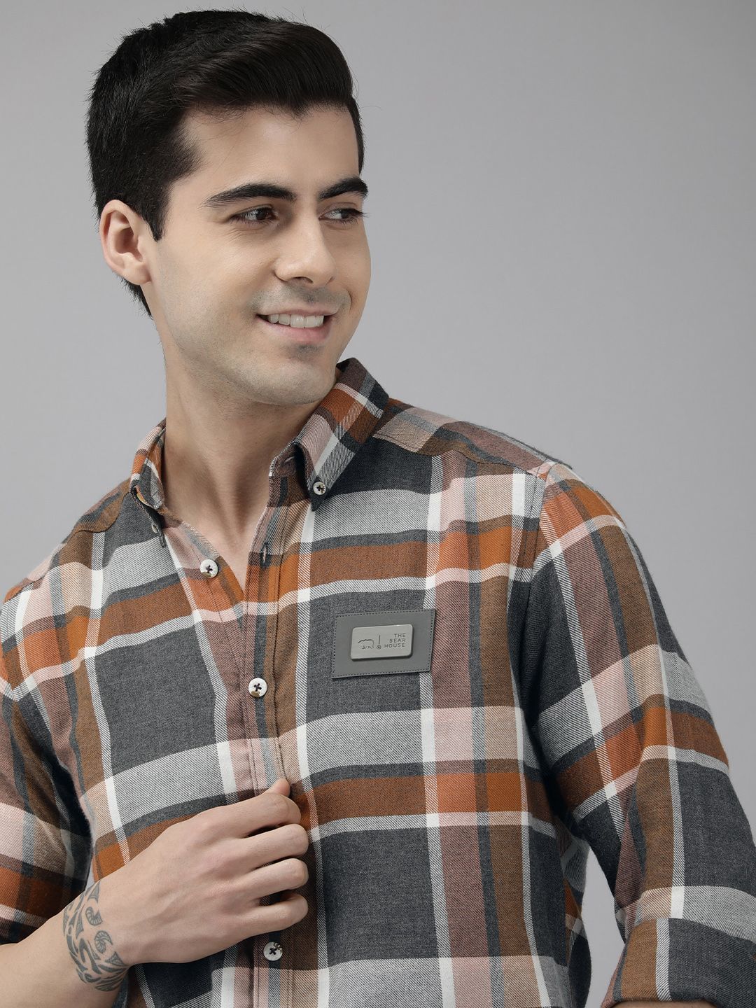 THE BEAR HOUSE Ardor Edition Men Orange Slim Fit Tartan Checked  Pure Cotton Casual Shirt
