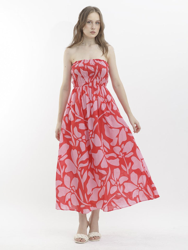 RAREISM Floral Printed Strapless Sleeveless Smocked Maxi Dress