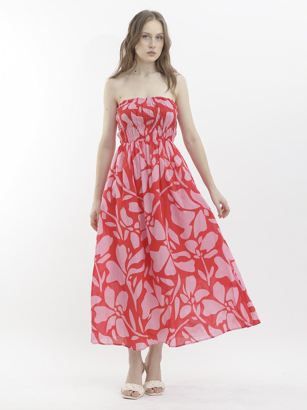 RAREISM Floral Printed Strapless Sleeveless Smocked Maxi Dress