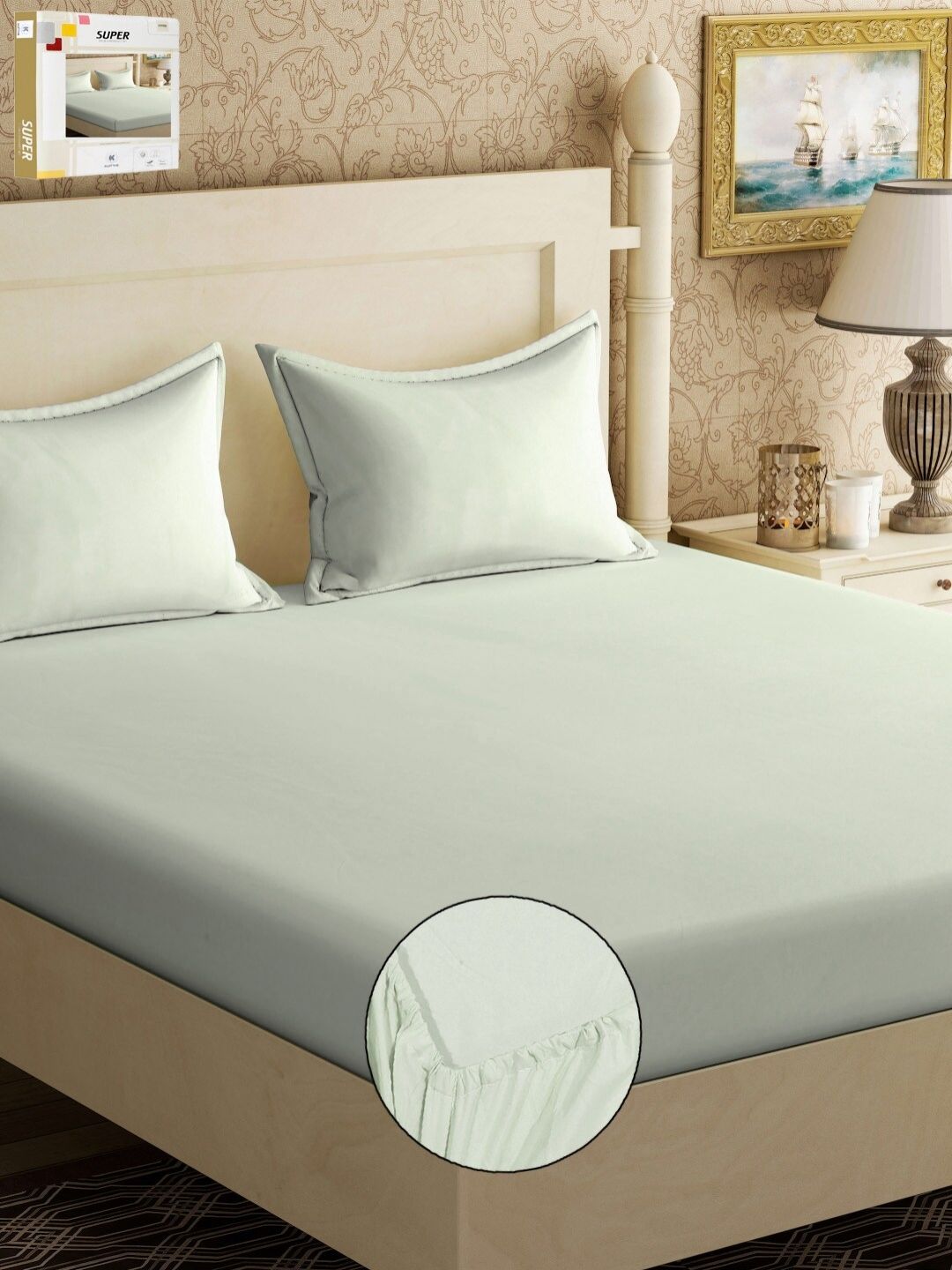 KLOTTHE Hijau Pepejal 300 TC Cotton Blend Dilengkapi Cadar Double King dengan 2 Sarung Bantal
