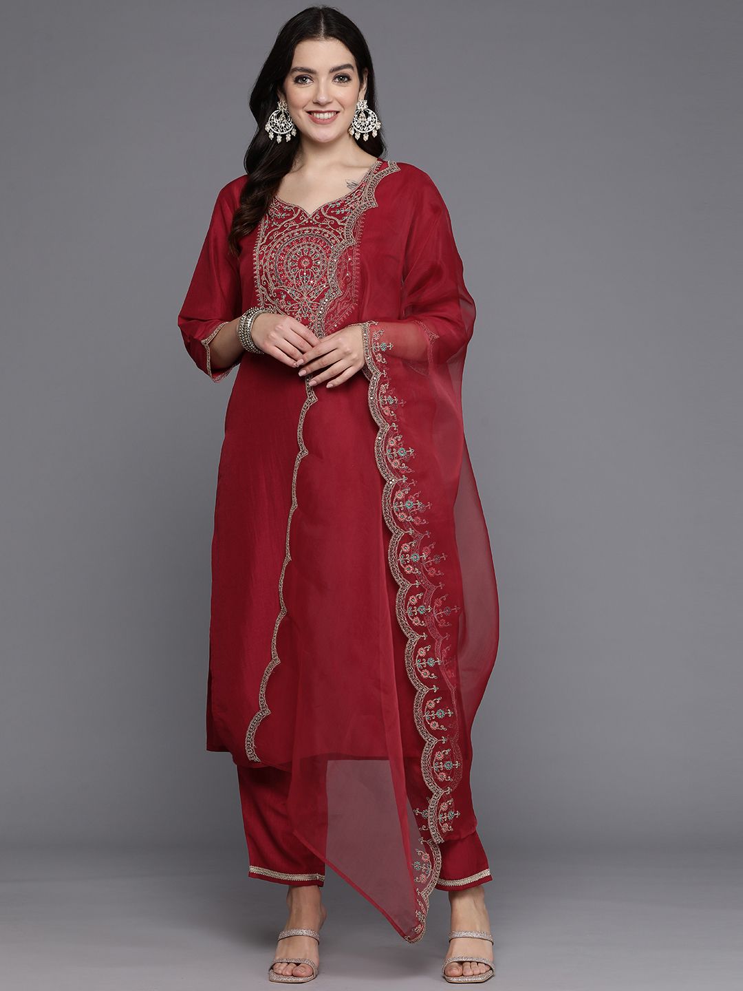 Indo Era Women Floral Yoke Design Regular Kurta with Trousers & With Dupatta