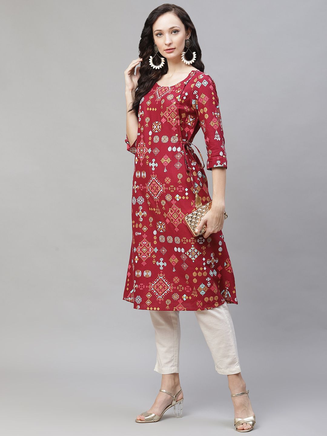 AURELIA Women Maroon & Golden Ethnic Motifs Print Angrakha A-line Kurta