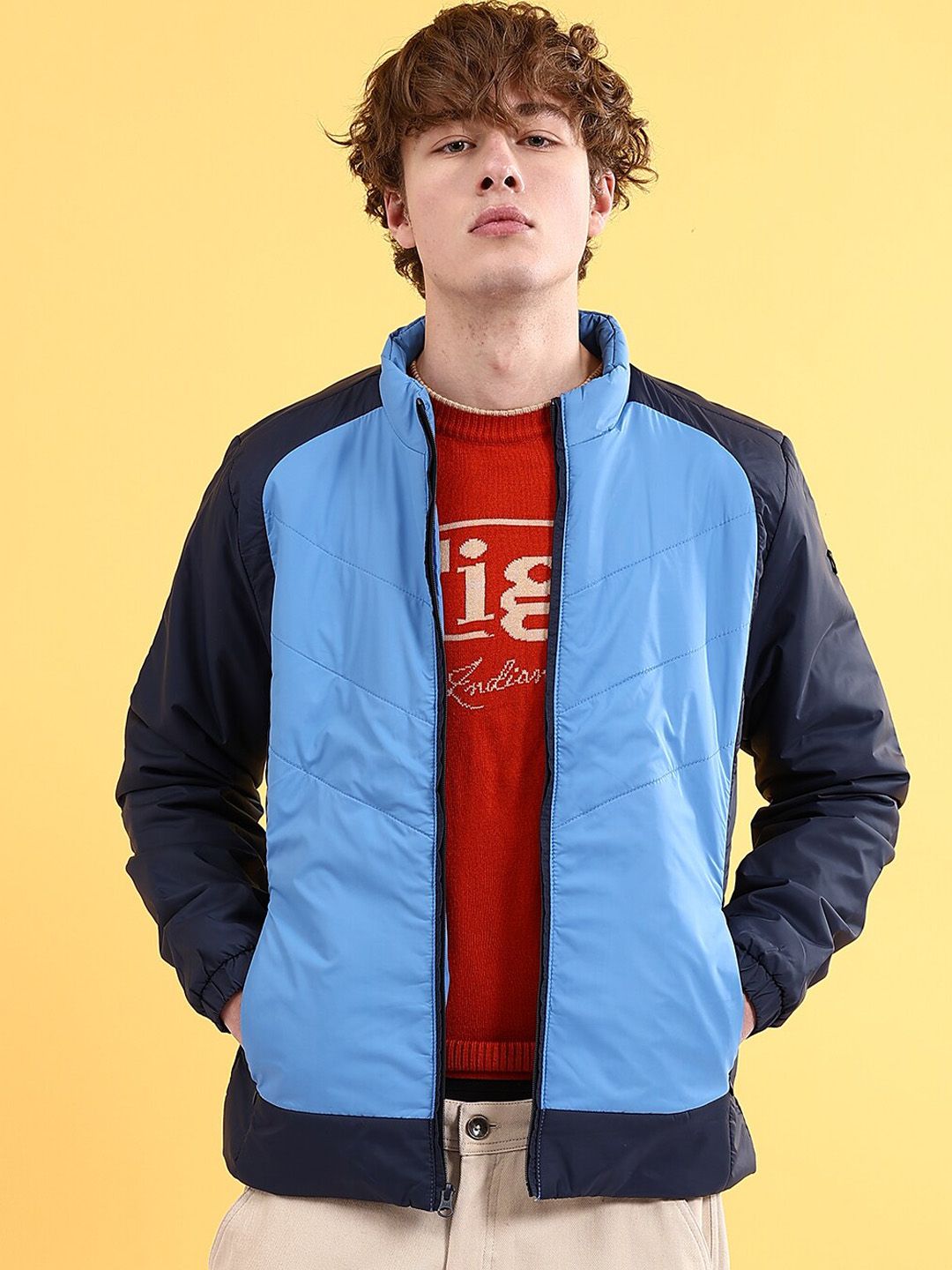The Indian Garage Co Men Colourblock Zip-Front Regular Fit Bomber Jacket