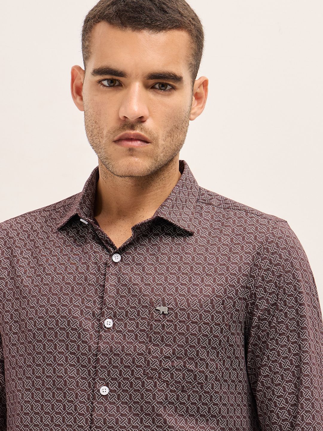 THE BEAR HOUSE Men Tailored Fit Spread Collar Geometric Printed Cotton Formal Shirt