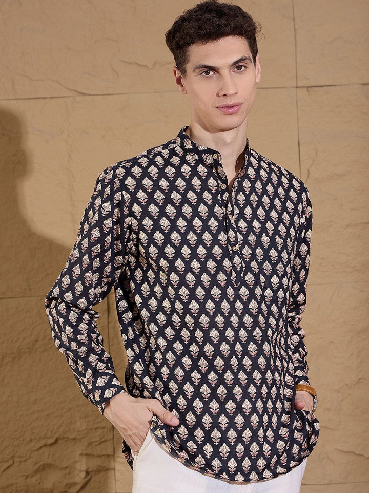 Dennison Floral Printed Band Collar Cotton Pure Straight Kurta