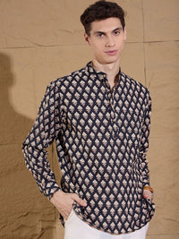 Dennison Floral Printed Band Collar Cotton Pure Straight Kurta