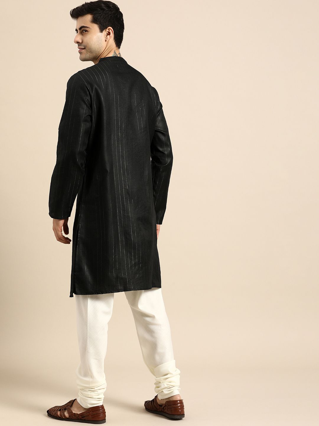 Anouk Men Black Striped Straight Kurta