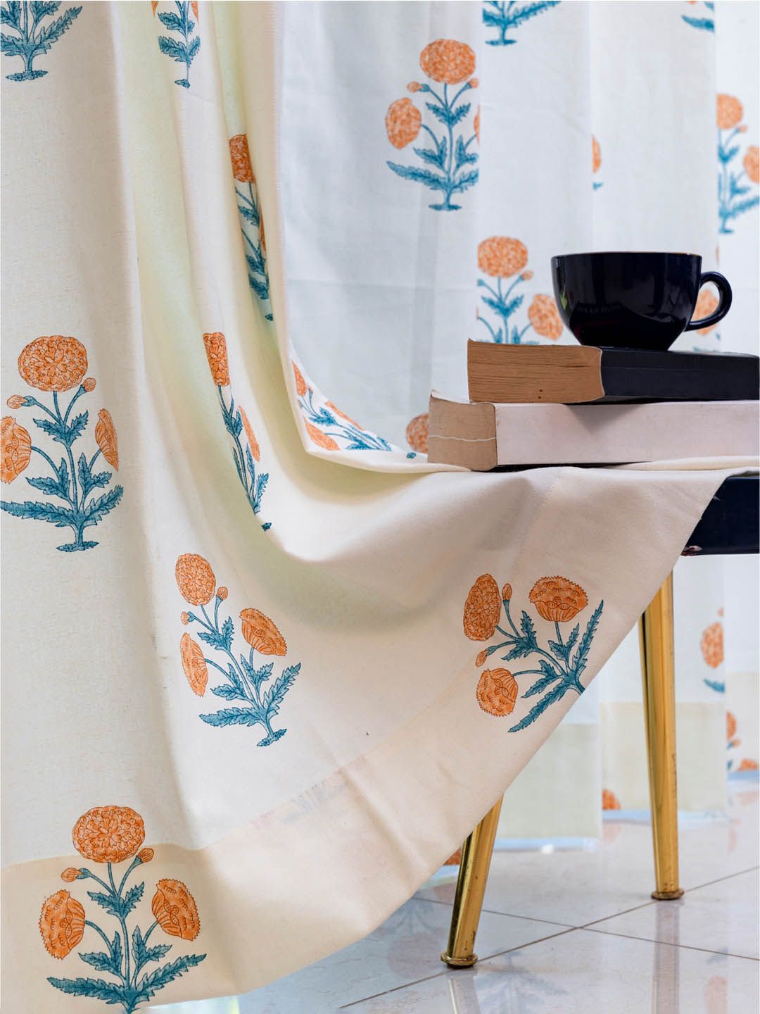 URBAN SPACE White & Yellow 2 Pieces Floral Printed Window Curtains