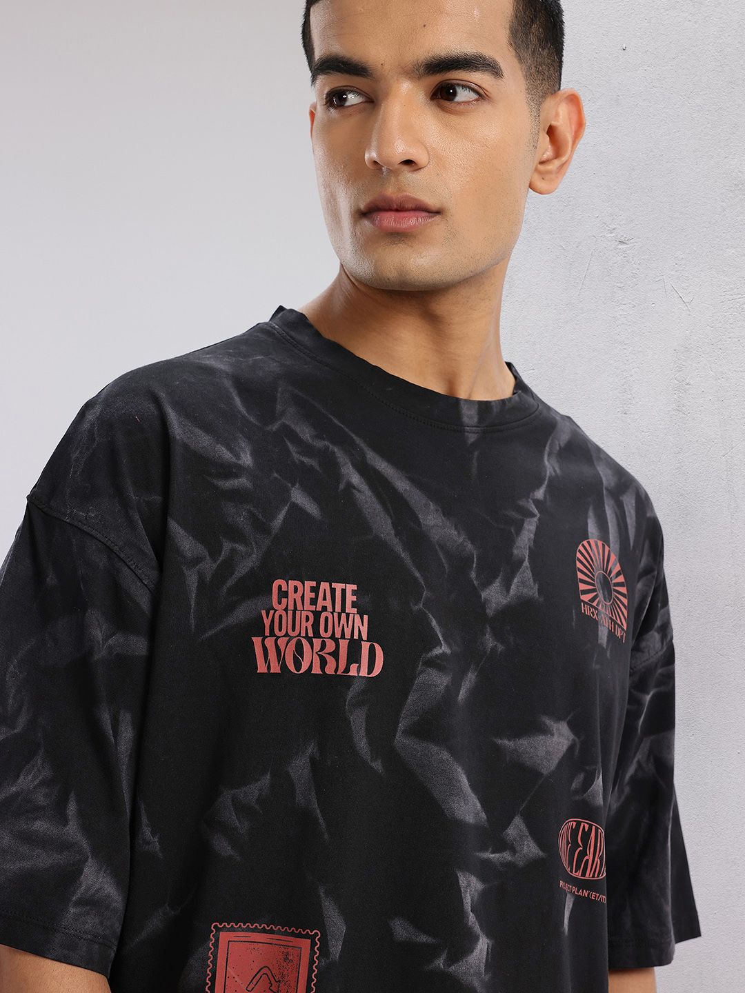 HRX by Hrithik Roshan Printed Drop-Sleeves Pure Cotton Oversized Lifestyle T-shirt
