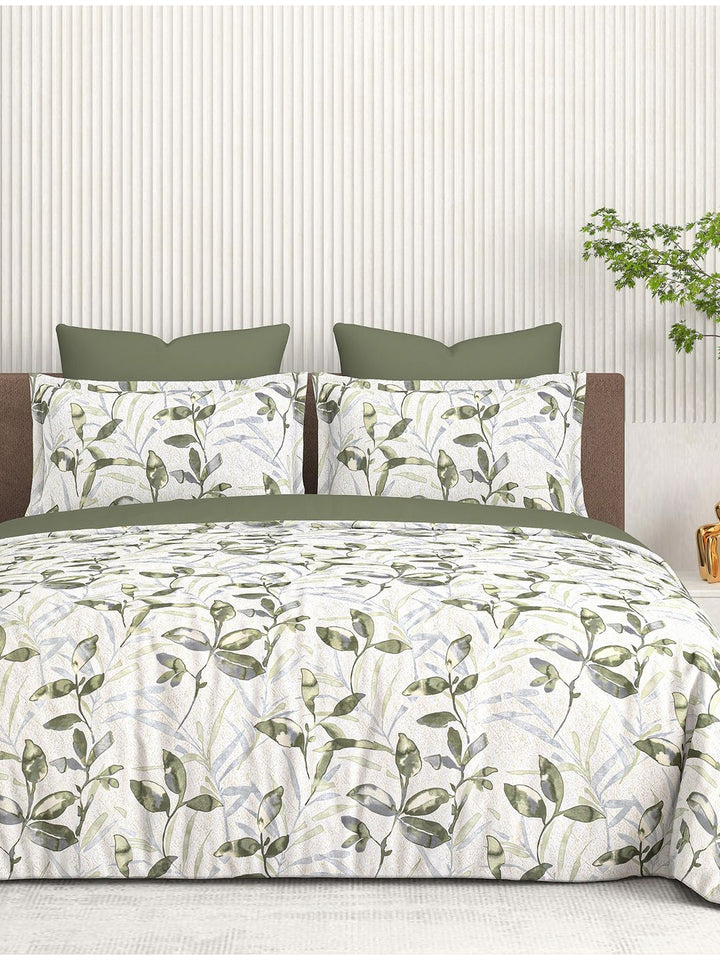Cortina Glazed Cotton Green Floral 140 TC King Bedsheet with 2 Pillow Covers