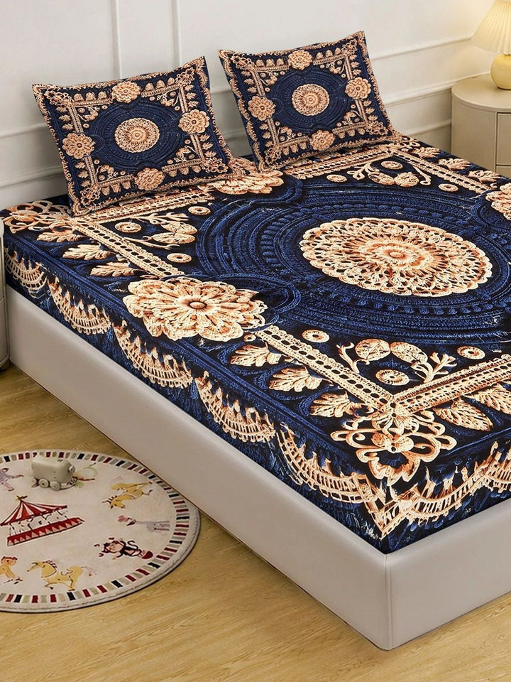 KLOTTHE Blue Floral 400 TC King Bedsheet with 2 Pillow Covers