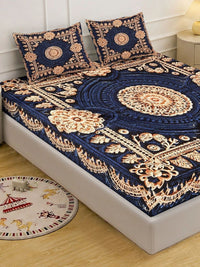 KLOTTHE Blue Floral 400 TC King Bedsheet with 2 Pillow Covers