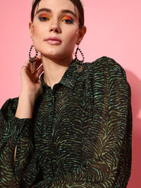 STREET 9 Women Green Comfort Boxy Sheer Printed Casual Shirt