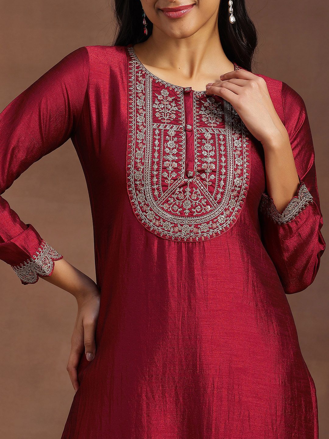 Libas Women Maroon Yoke Design Embellished Kurta