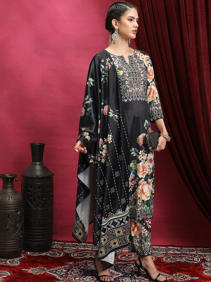 Vishudh Black Floral Printed Regular Kurta With Trousers & Dupatta