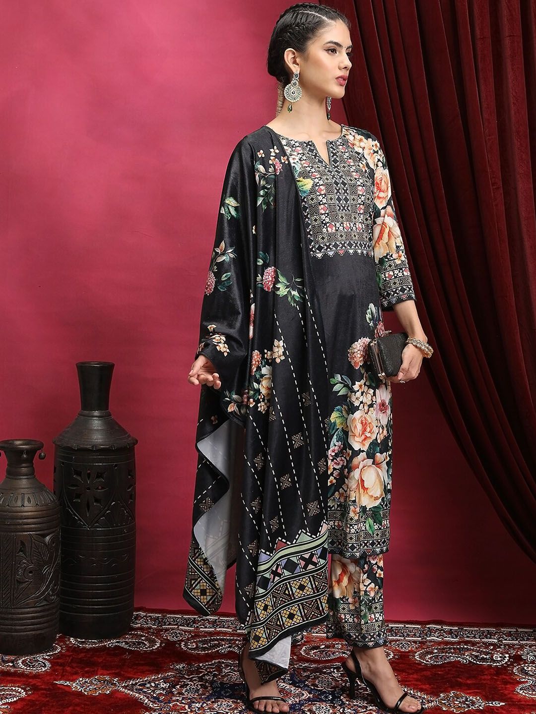Vishudh Black Floral Printed Regular Kurta With Trousers & Dupatta