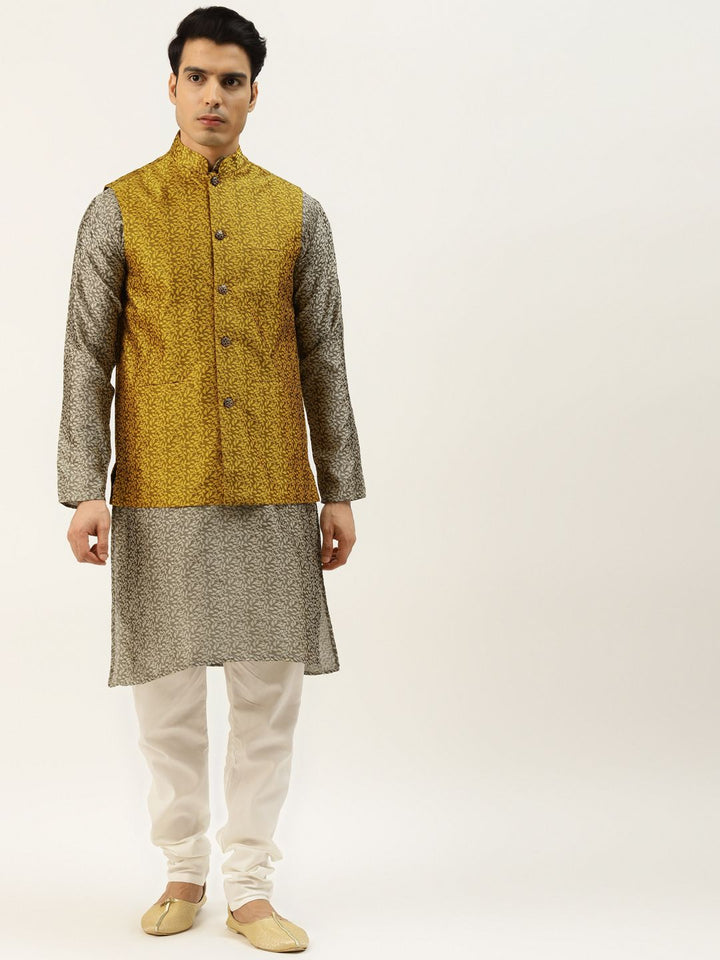 SOJANYA Men Grey & Beige Jacquard Silk Kurta with Churidar & Nehru Jacket