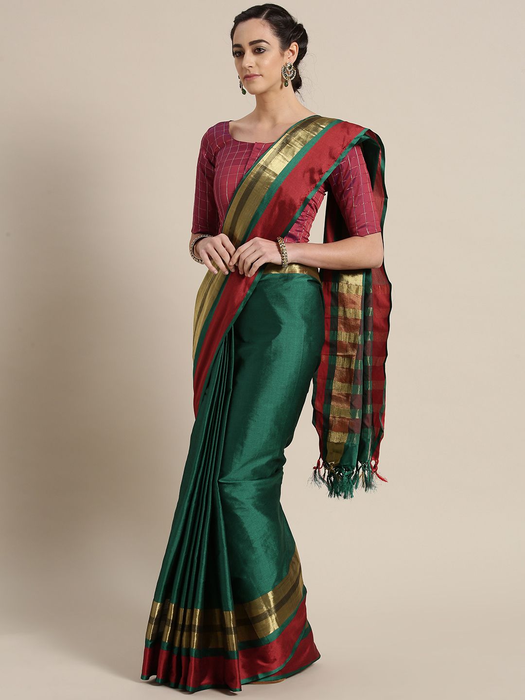 Saree mall Green & Red Solid Saree