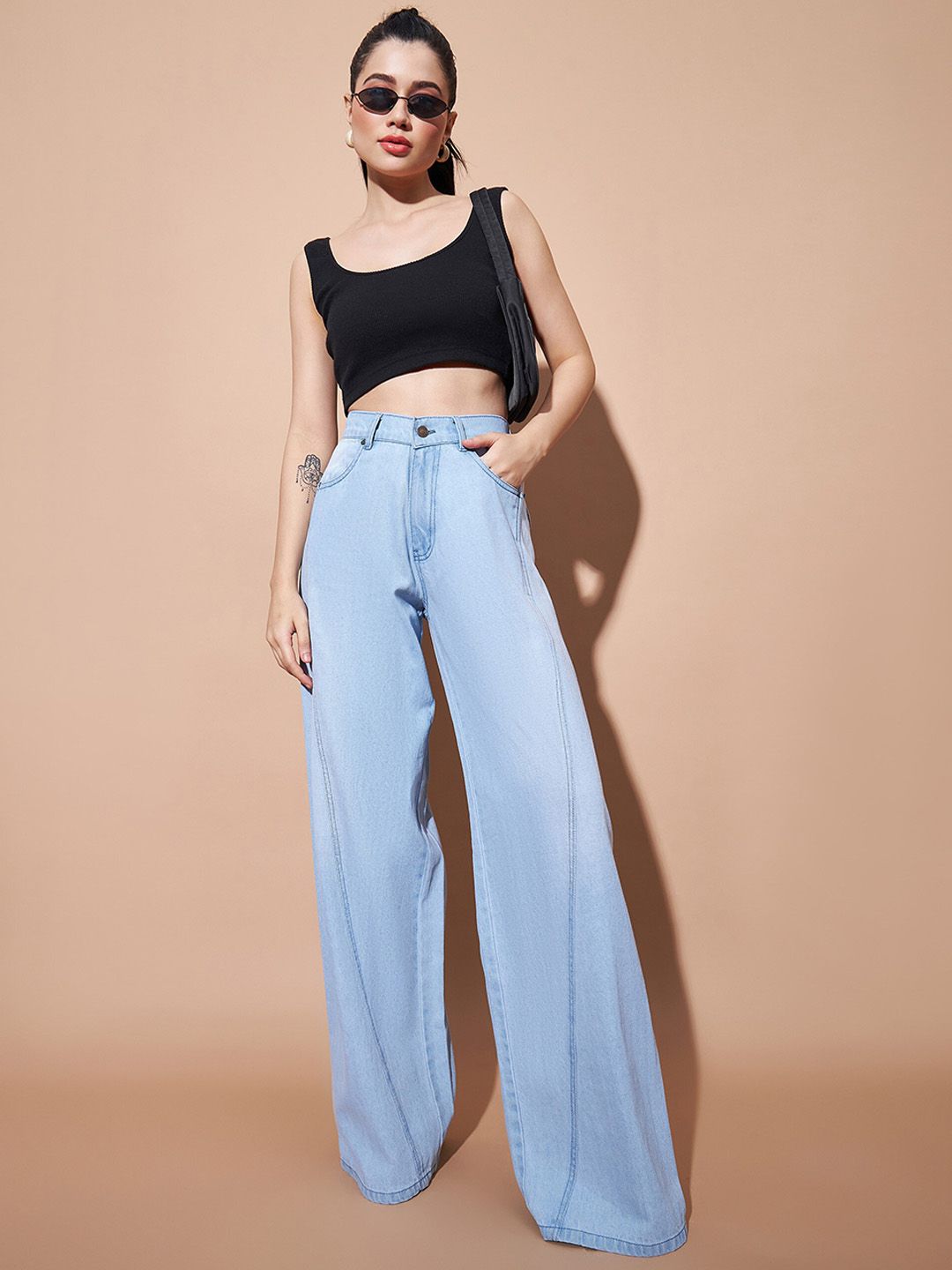 SASSAFRAS BASICS Women Wide Leg Mid Rise Light Fade Jeans