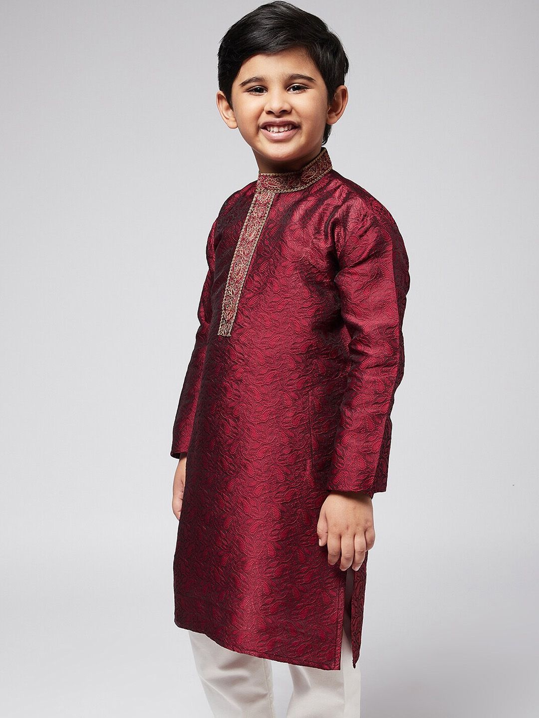 SOJANYA Boys Maroon Ethnic Motifs Thread Work Kurta
