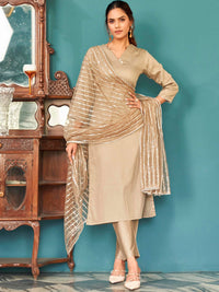 Tikhi Imli V-Neck Pure Cotton Straight Kurta & Trousers With Dupatta