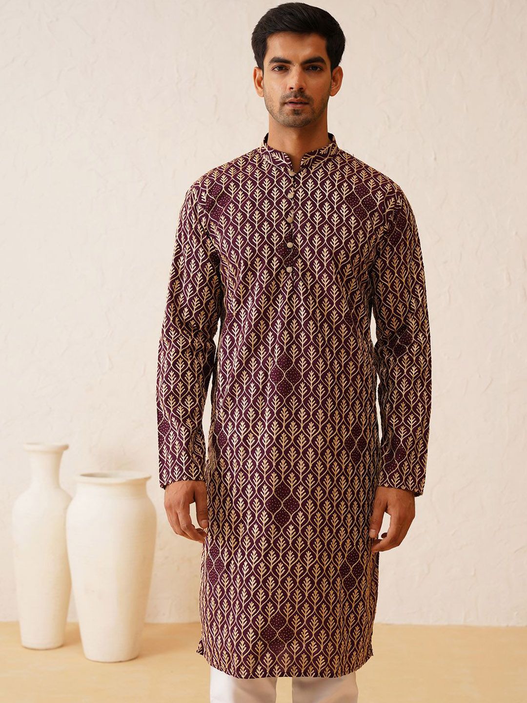 SOJANYA Mandarin Collar Ethnic Printed Pure Cotton Straight Kurta with Churidar