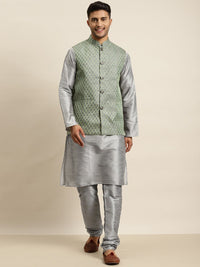 SOJANYA Mandarin Collar Regular Kurta With Churidar & Nehru Jacket