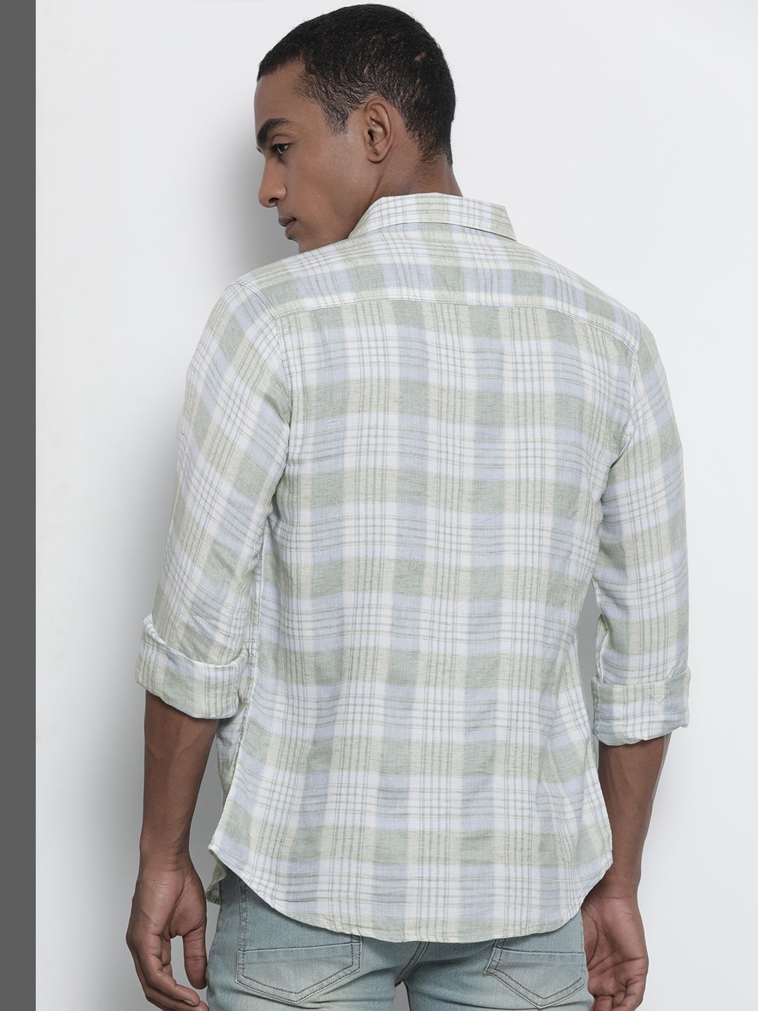 The Indian Garage Co Men Pista Green Regular Fit Opaque Checked Cotton Shirt with Pocket