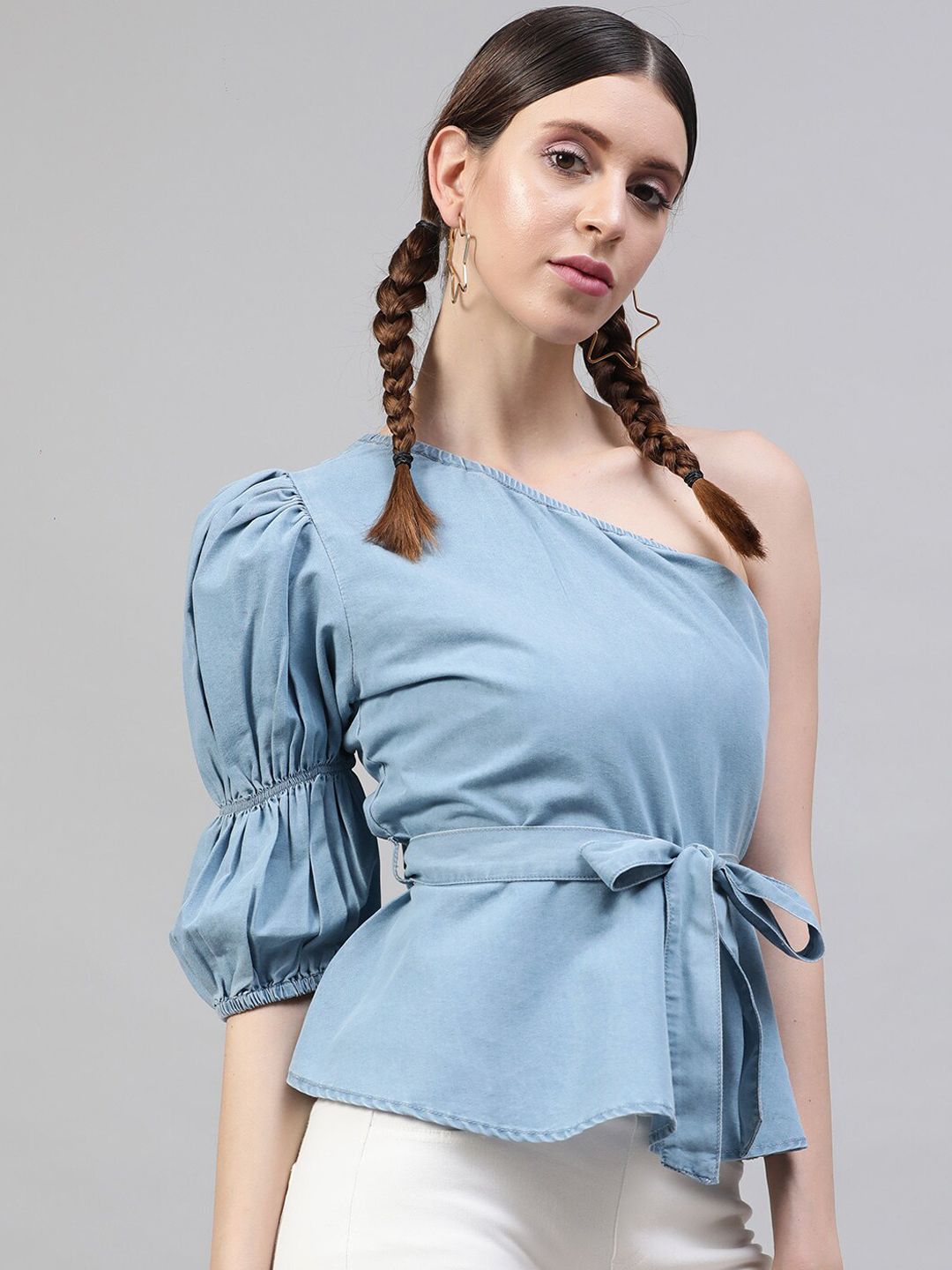 STREET 9 Blue Solid One Shoulder Indigo Denim Regular Top With Belt