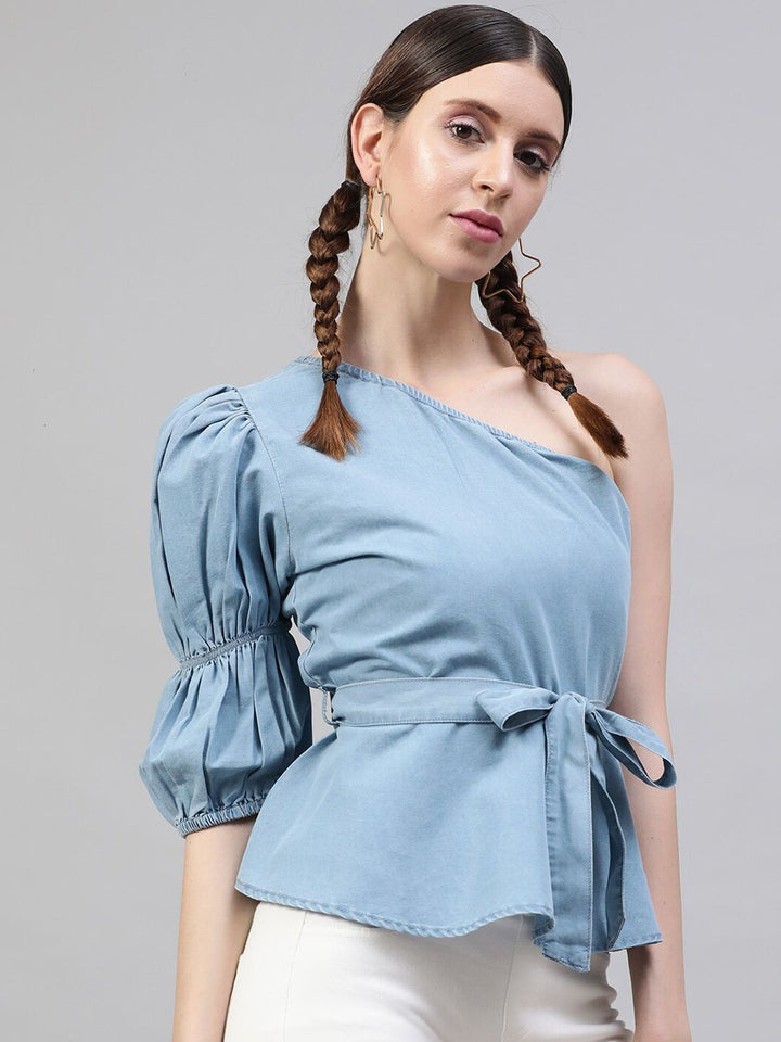 STREET 9 Blue Solid One Shoulder Indigo Denim Regular Top With Belt