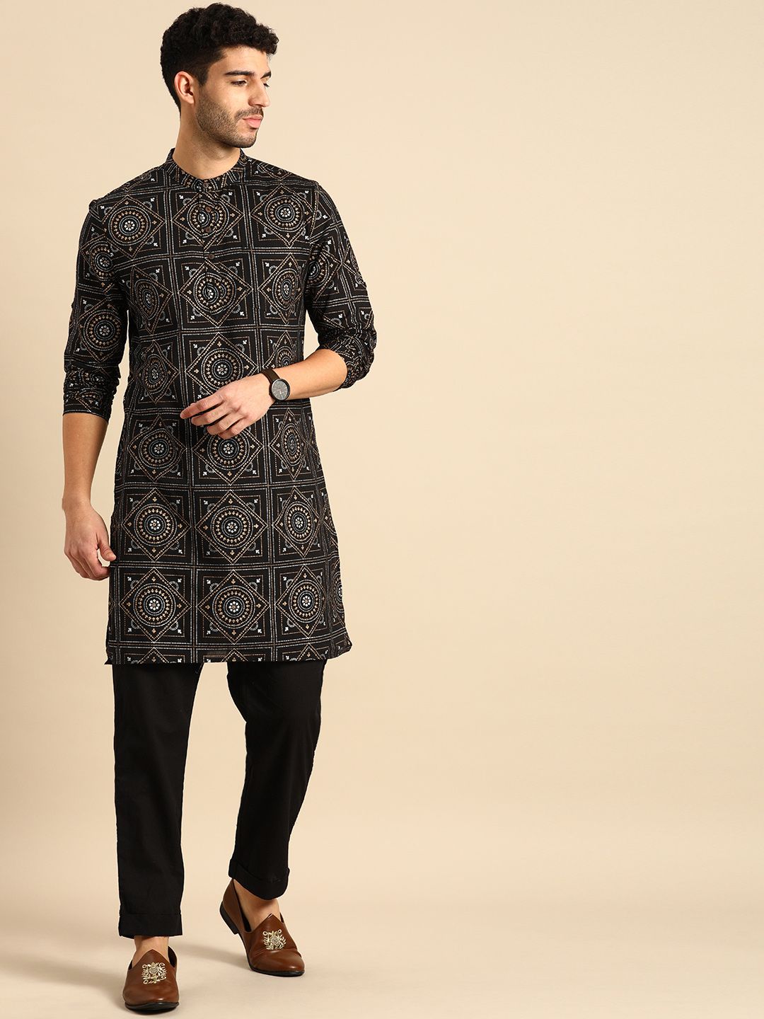 Anouk Men Black Printed Regular Pure Cotton Kurta with Pyjamas