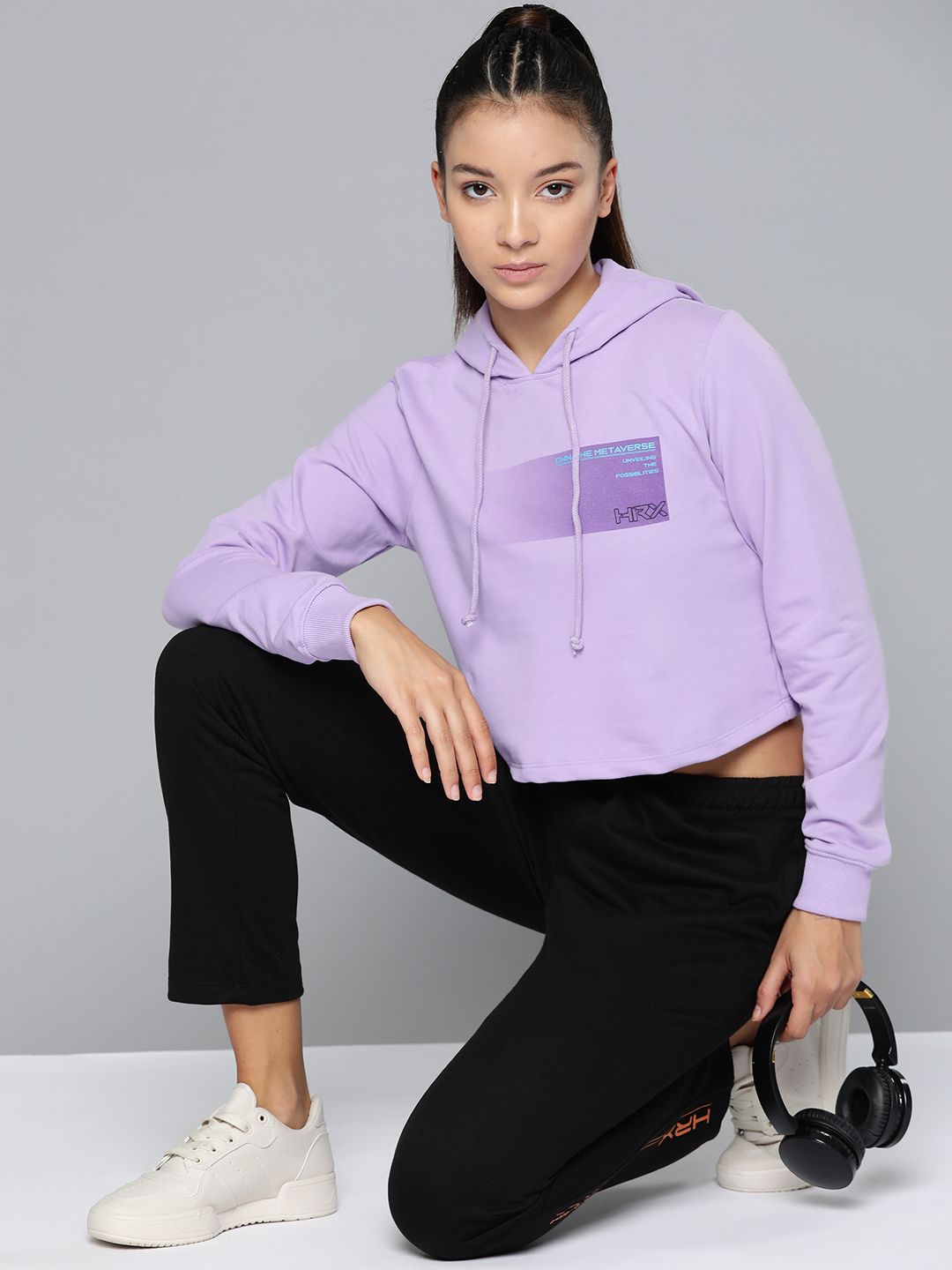 HRX by Hrithik Roshan Printed Hooded Cropped Lifestyle Sweatshirt