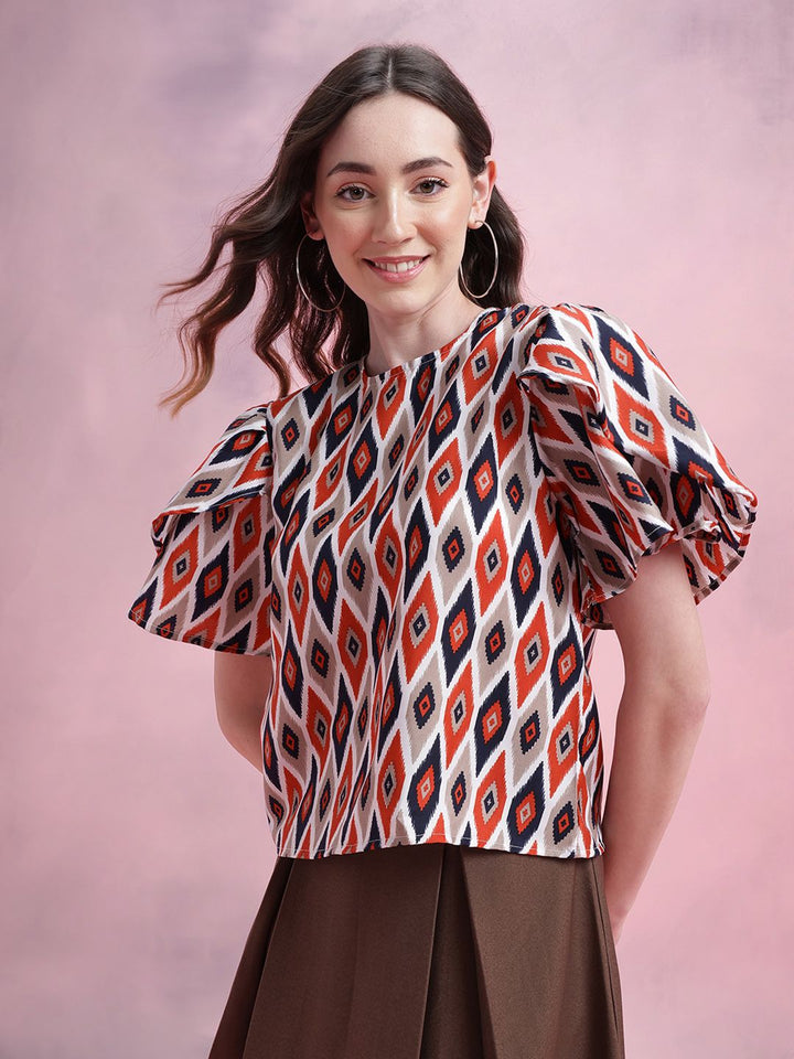 DressBerry Ikat Print Tulip-Style Flared Sleeves Top