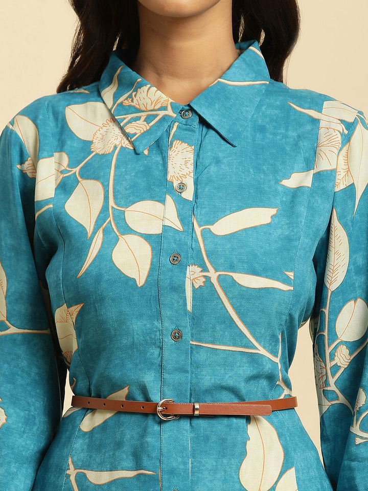 W Floral Printed Belted Detailed Shirt Collar Shirt Style Dress