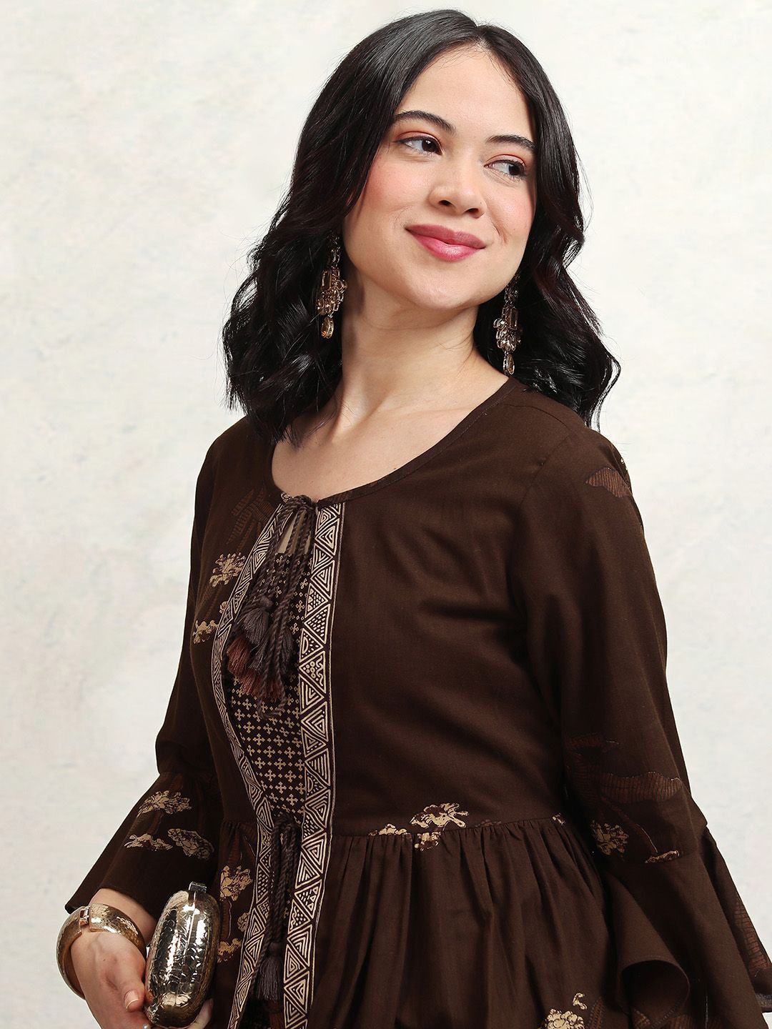 Vishudh Coffee Brown Printed Shoulder Straps Pure Cotton Top With Trouser And Jacket