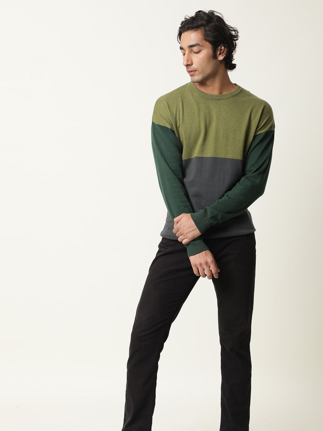 RARE RABBIT Men Tanko Slim Fit Colourblocked Pullover Sweater