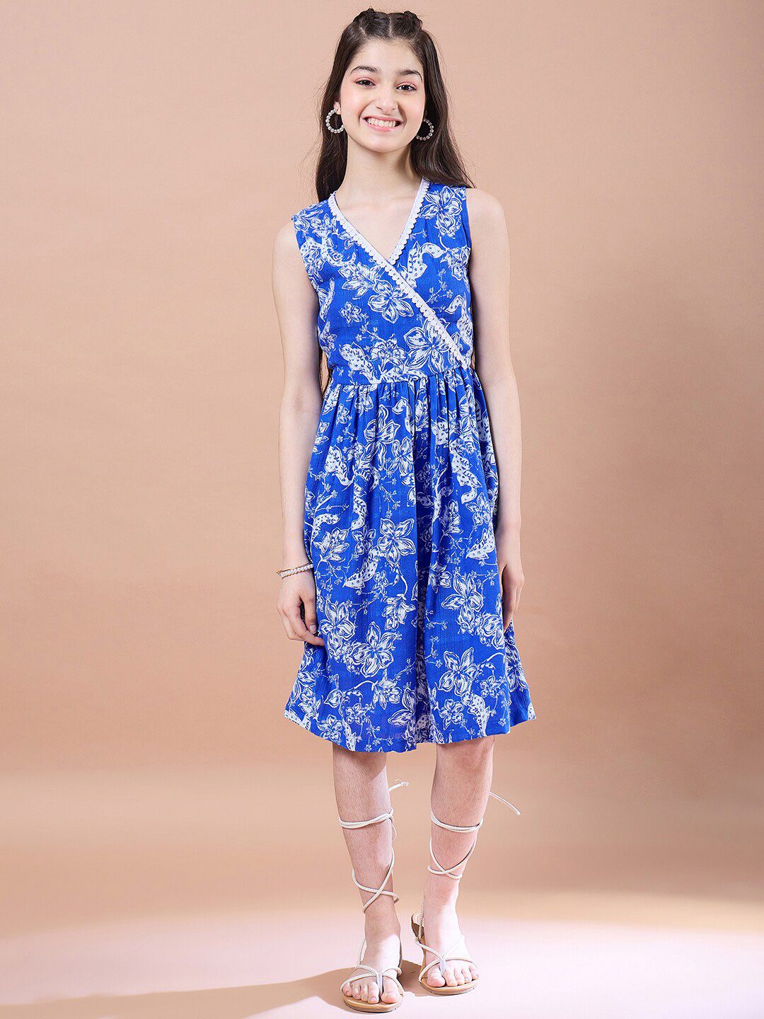 pspeaches Girls Floral Print V-Neck Long Sleeves A-Line Midi Dress With Shrug