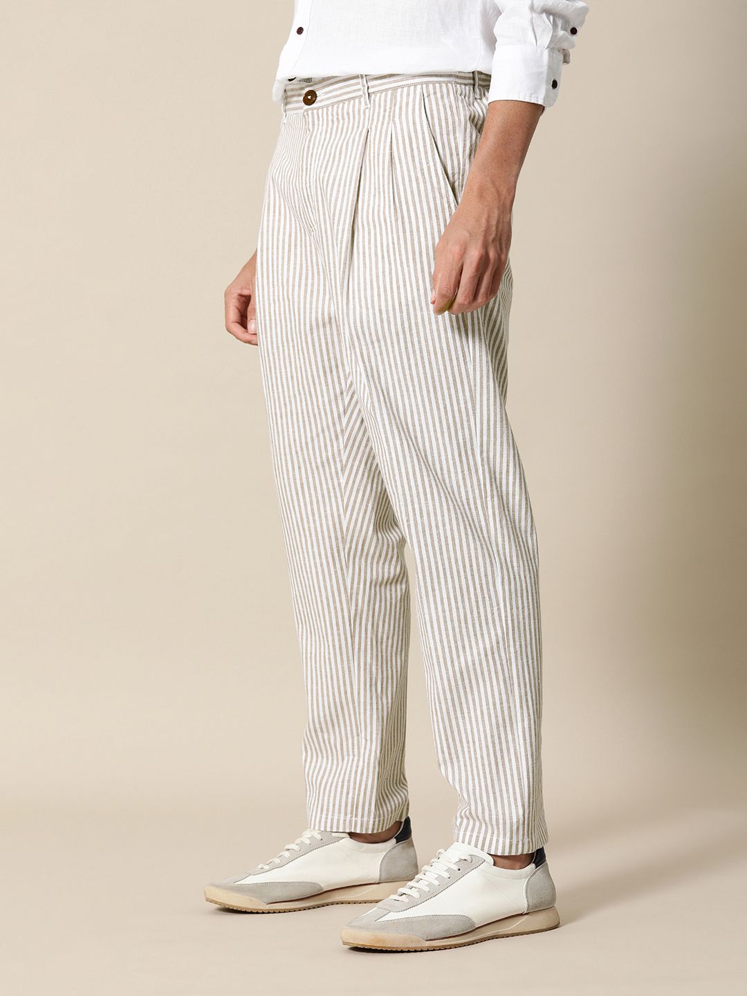 Mr Bowerbird Men White Striped Pleated  Liberal Fit Trousers