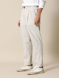Mr Bowerbird Men White Striped Pleated  Liberal Fit Trousers