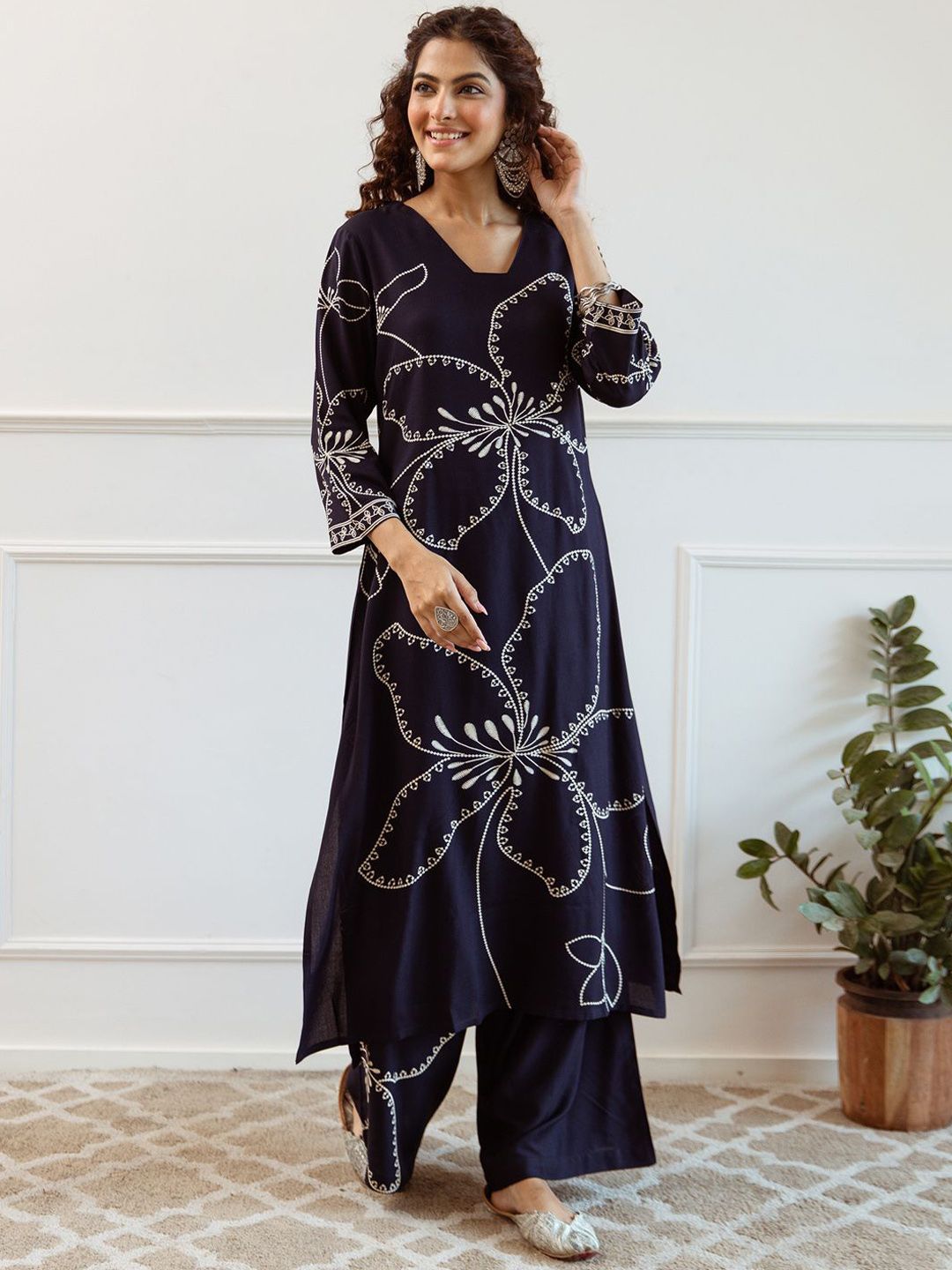 Indo Era Women Floral Embroidered Regular Sequinned Kurta with Trousers