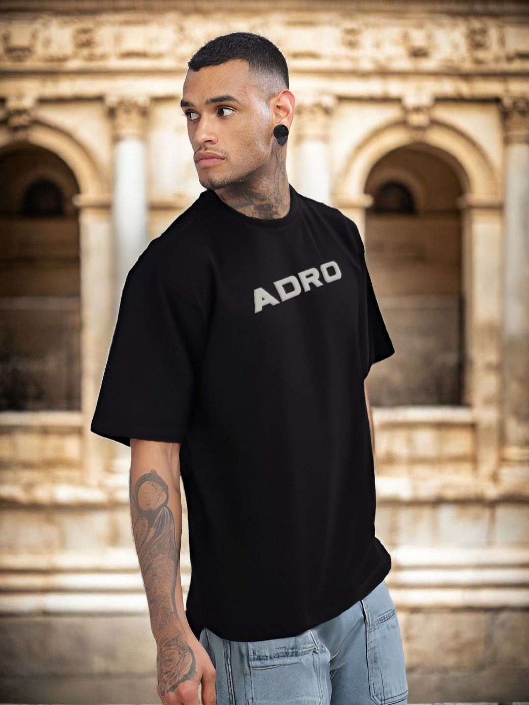 ADRO Graphic Printed Drop-Shoulder Sleeves Cotton Oversized T-shirt