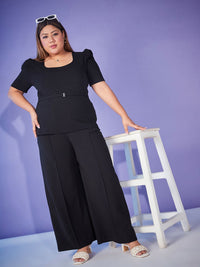SASSAFRAS Curve Black Plus Size Self-Design Top Wit Trouser Co-Ords