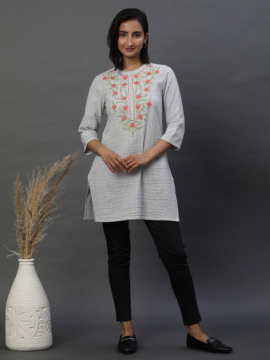 AURELIA Striped Mandarin Collar Thread Work Pure Cotton Kurti