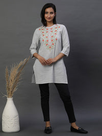 AURELIA Striped Mandarin Collar Thread Work Pure Cotton Kurti