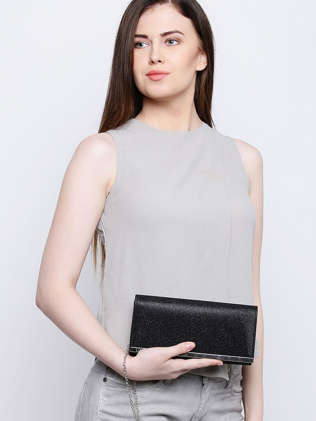 Lino Perros Black Textured Shimmer Clutch with Chain Strap